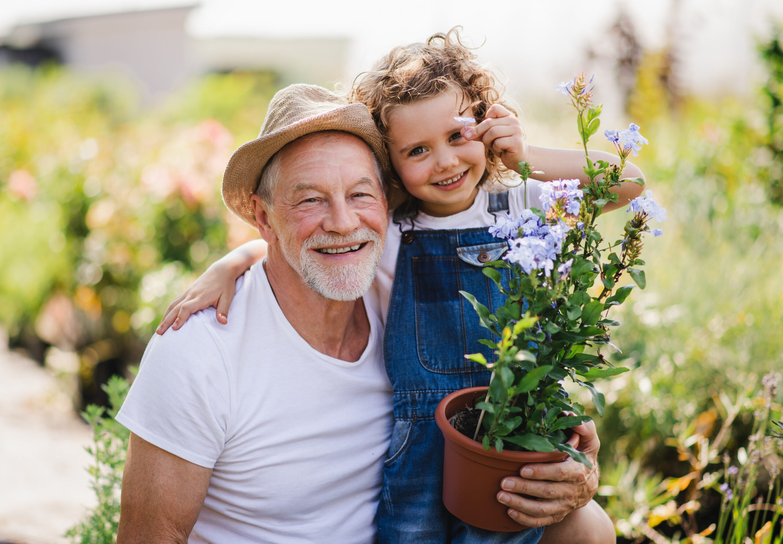 Portrait of small girl with senior grandfather in the backyard garden, standing and looking at camera.