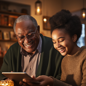 grandparent and granddaughter on ipad tablet