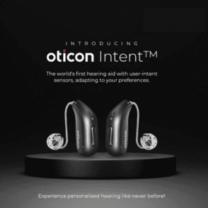 Image annoucing the launch of the Oticon Intent earing Aids against a black background