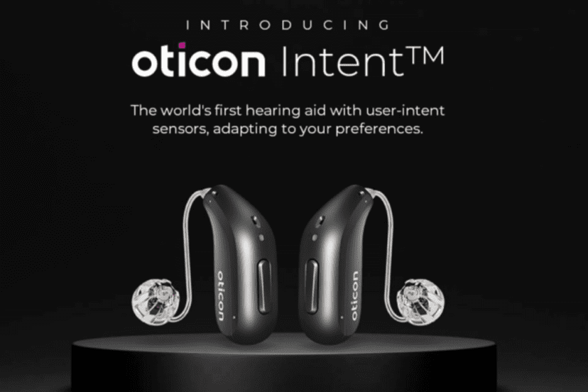 Image annoucing the launch of the Oticon Intent earing Aids against a black background