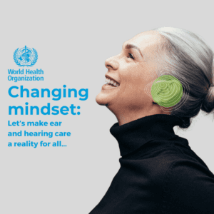 Womn smiling with the World Health Organisation Logo and the title Changing mindsets
